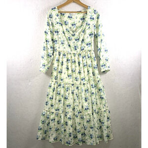 Womens Milkmaid Floral Tiered Ruffle Midi Dress Sz Cottage Prairie Romantic